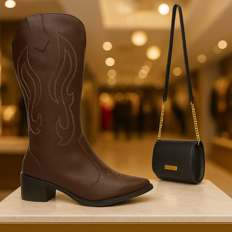 Kit Bota Feminina Texana Bordado Western Cano Alto + Bolsa Transversal Luxo - Estilo que impõe respeito
