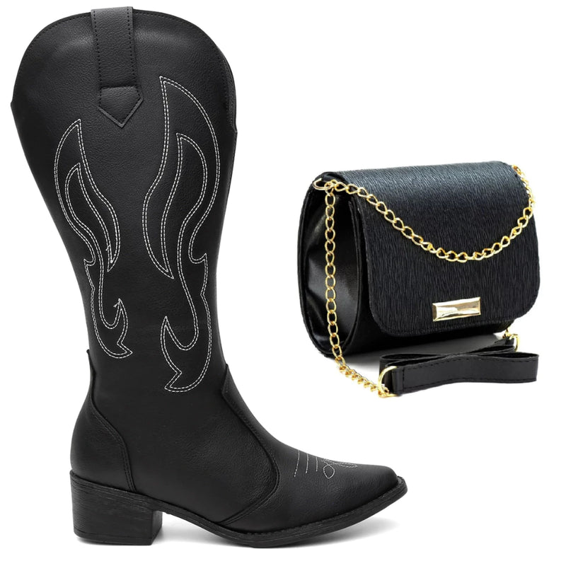 Kit Bota Feminina Texana Bordado Western Cano Alto + Bolsa Transversal Luxo - Estilo que impõe respeito