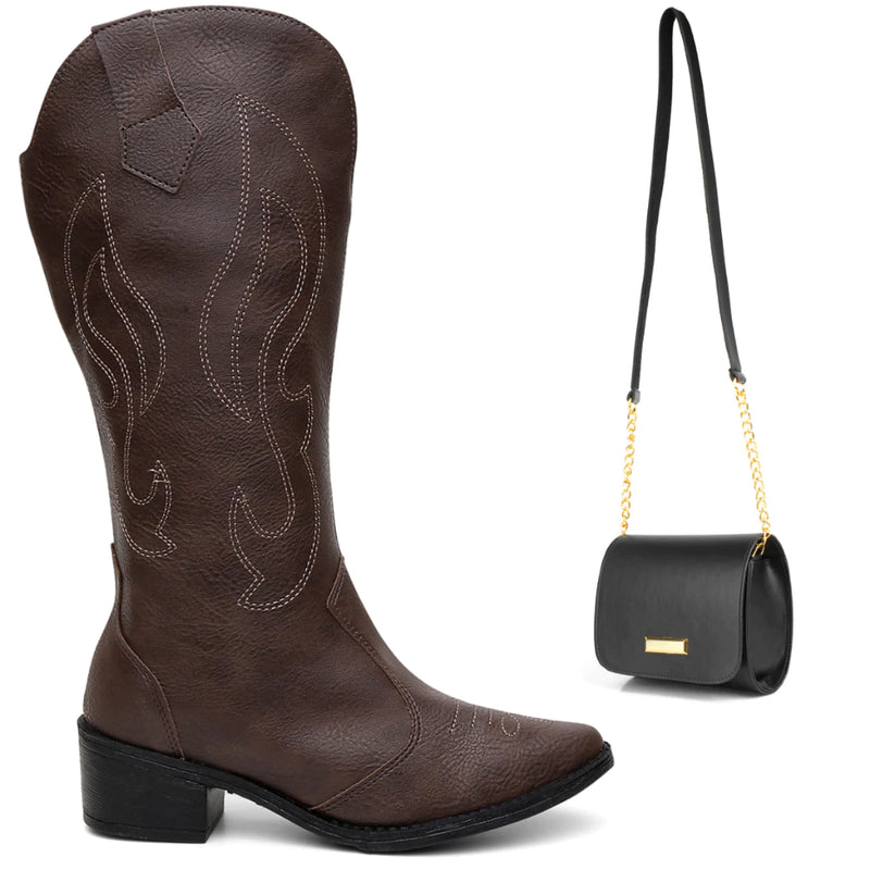 Kit Bota Feminina Texana Bordado Western Cano Alto + Bolsa Transversal Luxo - Estilo que impõe respeito